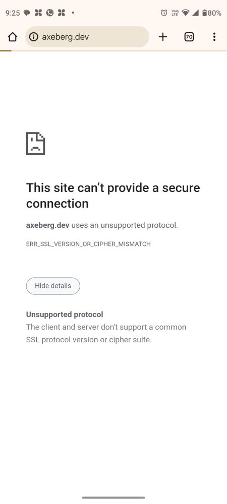 This site can’t provide a secure connection
axeberg.dev uses an unsupported protocol.