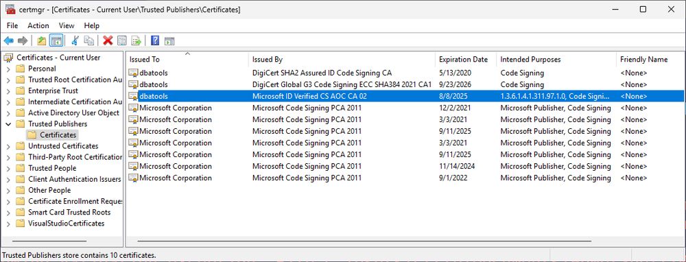 A Windows Certificate Manager window shows the "Trusted Publishers" certificate store under "Certificates - Current User." The selected certificate is issued to "dbatools" and issued by "Microsoft ID Verified CS AOC CA 02," with an expiration date of August 8, 2025. Other listed certificates include several issued to "Microsoft Corporation" by "Microsoft Code Signing PCA 2011," mostly for Microsoft Publisher and code signing purposes, with varied expiration dates. The view indicates 10 total certificates in this store.
