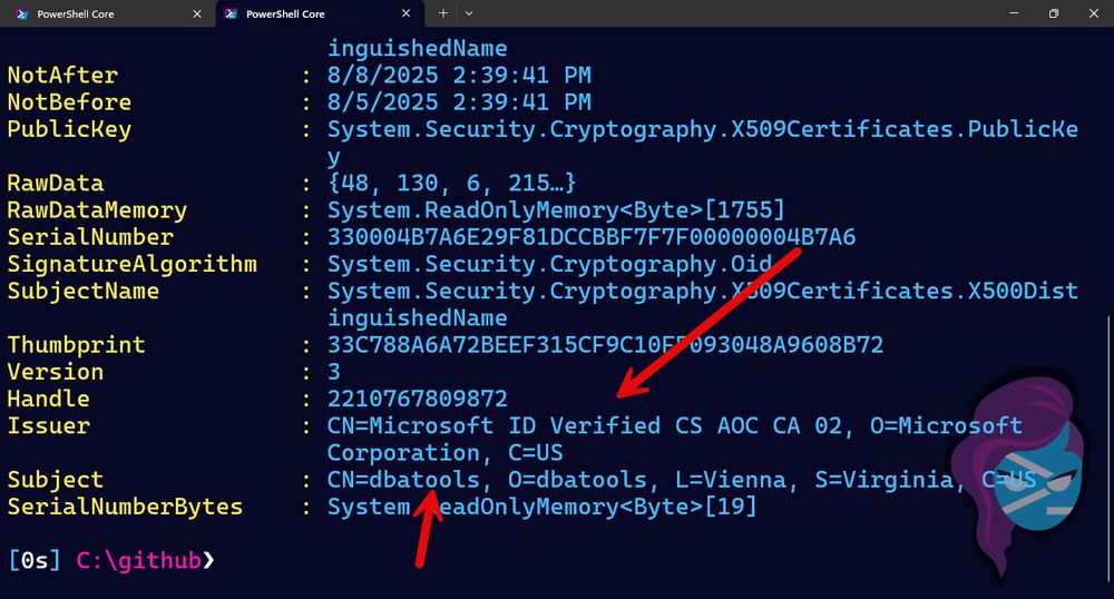 A PowerShell Core terminal displays detailed information about an X.509 certificate, showing fields like NotAfter (8/8/2025), NotBefore (8/5/2025), SerialNumber, Thumbprint, and Issuer. Two red arrows highlight the Issuer as "CN=Microsoft ID Verified CS AOC CA 02" and the Subject as "CN=dbatools, O=dbatools, L=Vienna, S=Virginia, C=US." The background includes a stylized purple-and-cyan avatar graphic in the lower-right corner, suggesting a personalized or themed terminal setup.
