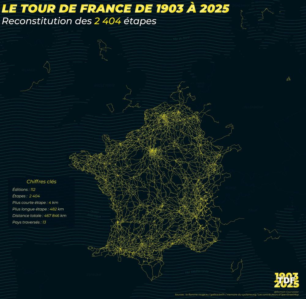 Map of France showing all the parts of the country visited by the Tour