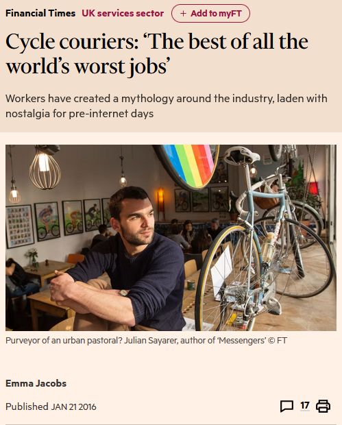An FT article from 2016 on courier chic featuring a handsome (if that's your sort) white courier staring dreamily into the distance