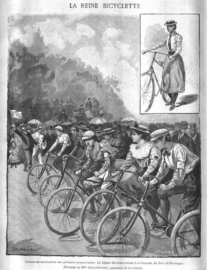 B+W drawing of women on the start line of the 1893 Course d'Artistes, some wearing trousers, some wearing culottes. That's 15 years before Marvingt is alleged to have invented culottes to circumvent the ban on trousers.