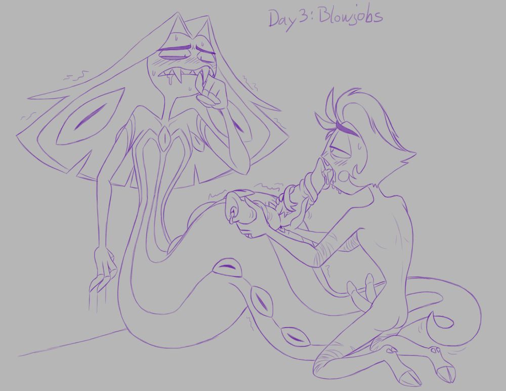 Clean sketch of naked Sir Pentious sitting backed up against a wall, which he's leaving some claw marks on while biting his finger and shaking from pleasure. Lucifer, also nude and sporting two erect penises, is kneeling in front of him, holding and rubbing Pen's large, leaking double dicks with his hands while wrapping his long tongue around one of them. His mouth is wide open and dripping with saliva while pressing the base of his tongue against the opening of Pen's dick to catch the leaking pre.