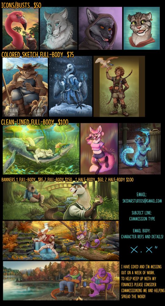 commission sheet with art samples for icons, colored character sketches, clean lined characters,  and banner art