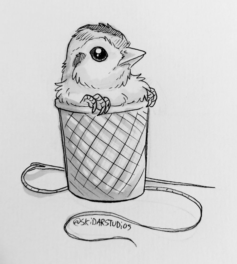Pen and marker sketch of a button quail chick in a thimble next to a needle and thread