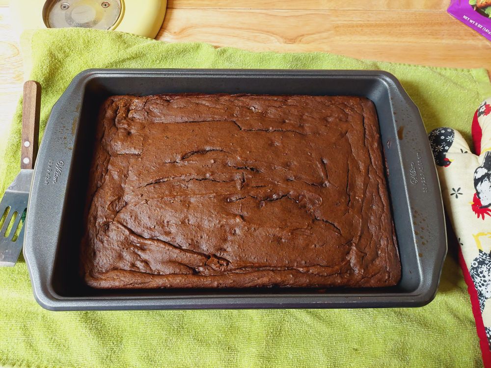 A large baking pan with peanut butter chocolate pumpkin brownies in it