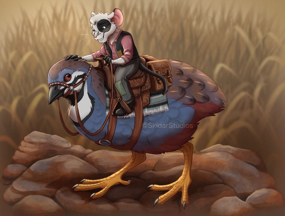 Digital art of an anthromouse with a black spot over his eye writing a king quail mounted up with a saddle and tack like a horse