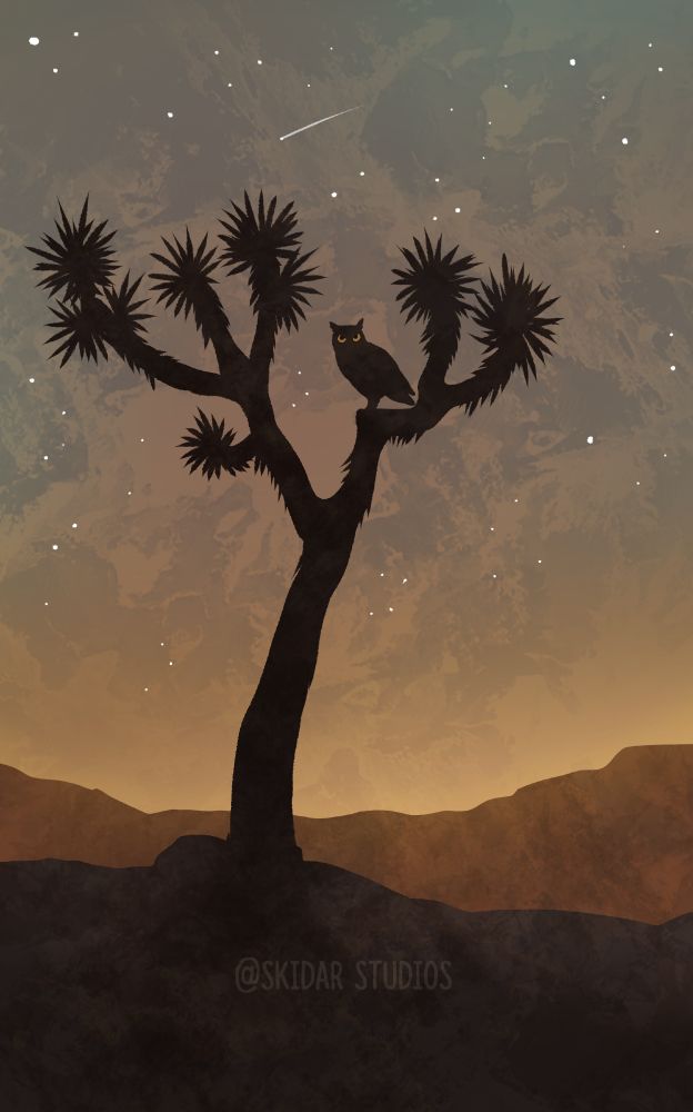 digital art of a silhouetted joshua tree with a great horned owl in the branches
