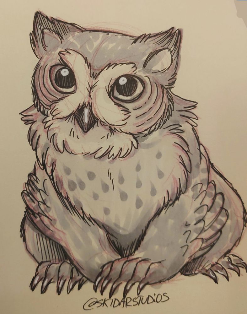Marker, pencil and ink sketch of a cute owlbear