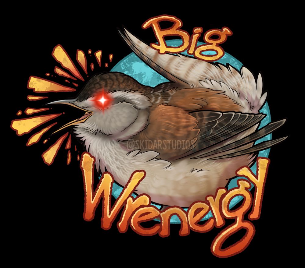 a digital drawing of a marsh wren in a blue circle with the words Big Wrenergy on the top and bottom
