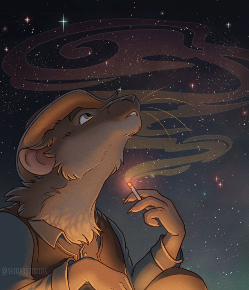 an anthro rat in cowboy garb lit below from a glowing fire and looking up at a starry sky. swirls of smoke spiral up from his lit cigarette 