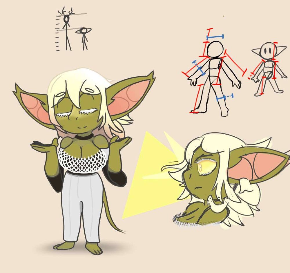 A small goblin named june wearing a white net top and white pants with a black undershirt. A secondary picture shows them using their psionic powers with their eyes open. Some references to scale are in the margins