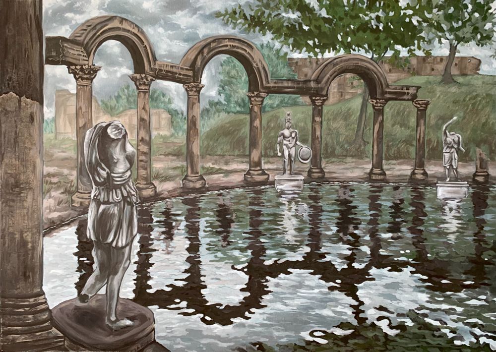 Oil painting of statues, archways, and water in Hadrian's Villa