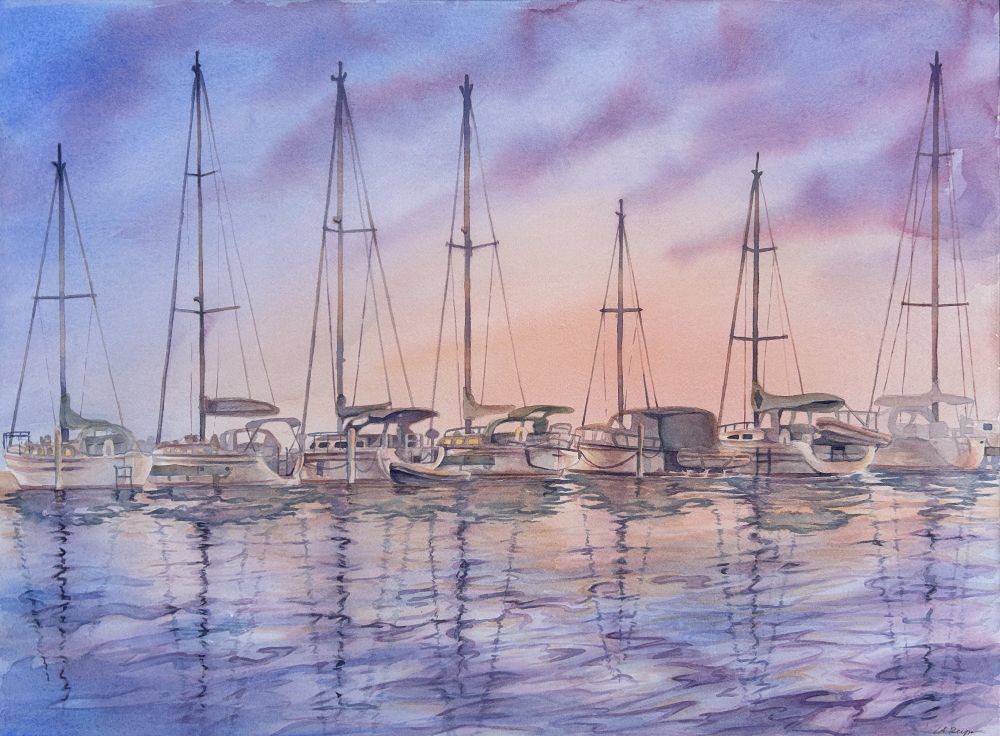 Purple, blue, and orange watercolor painting depicting a row of boats on the water