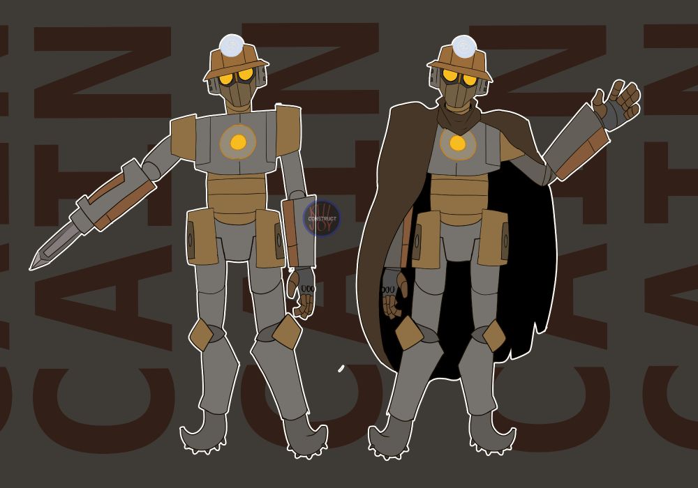 A reference sheet drawing of a robot miner character named Cain. It has a retractable drill built into one arm, and a hard hat with a light on it. A glowing yellow core sits in his chest, and he is primarily the colors brown and gray, with yellow eyes. In one instance he's wearing a tattered brown cloak, and in the other instance he isn't.