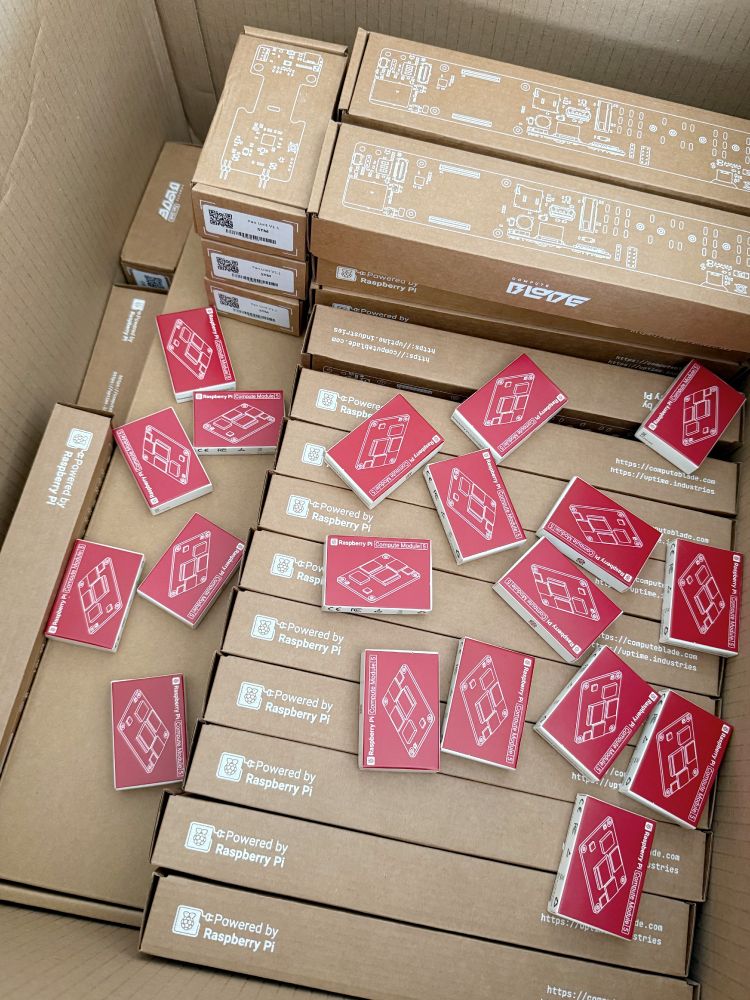 A box filled with Raspberry Pi compute modules and Compute Blade components from Uptime Industries