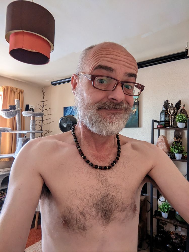A shirtless bald bearded man smiles. A grey cat observes
