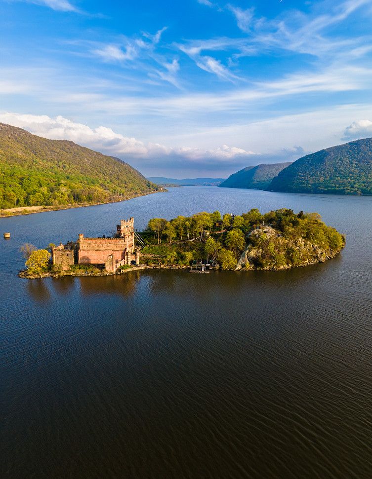 An aerial photo of Bannerman Island on the Hudson River in New York State. Photo taken by John Morzen in the spring of 2023.
