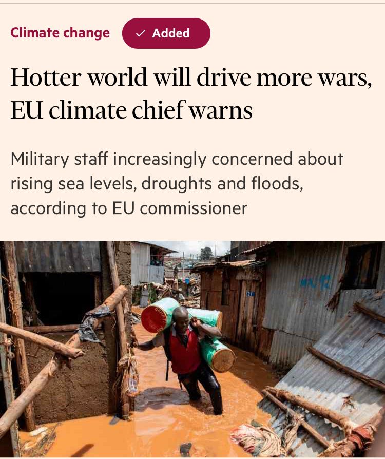 Hotter world will drive more wars,
EU climate chief warns
Military staff increasingly concerned about rising sea levels, droughts and floods, according to EU commissioner
A Nairobi slum after flash floods in April last year. Climate change has 'crystal clear direct and indirect effects on geopolitics, on safety and security, says Woke Hoekstra © Simon
Maina/AFP/Getty Imades