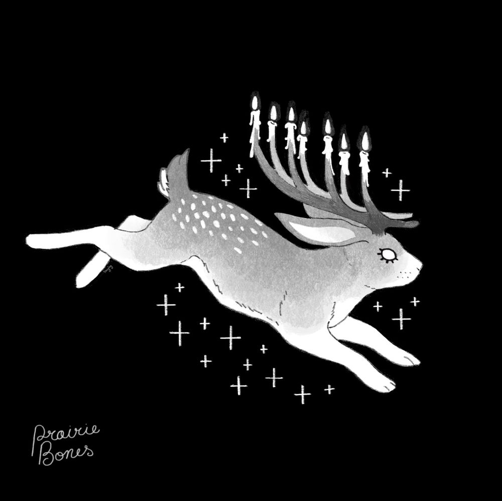 Black and white art by prairiebones of hare with melting candles in its antlers