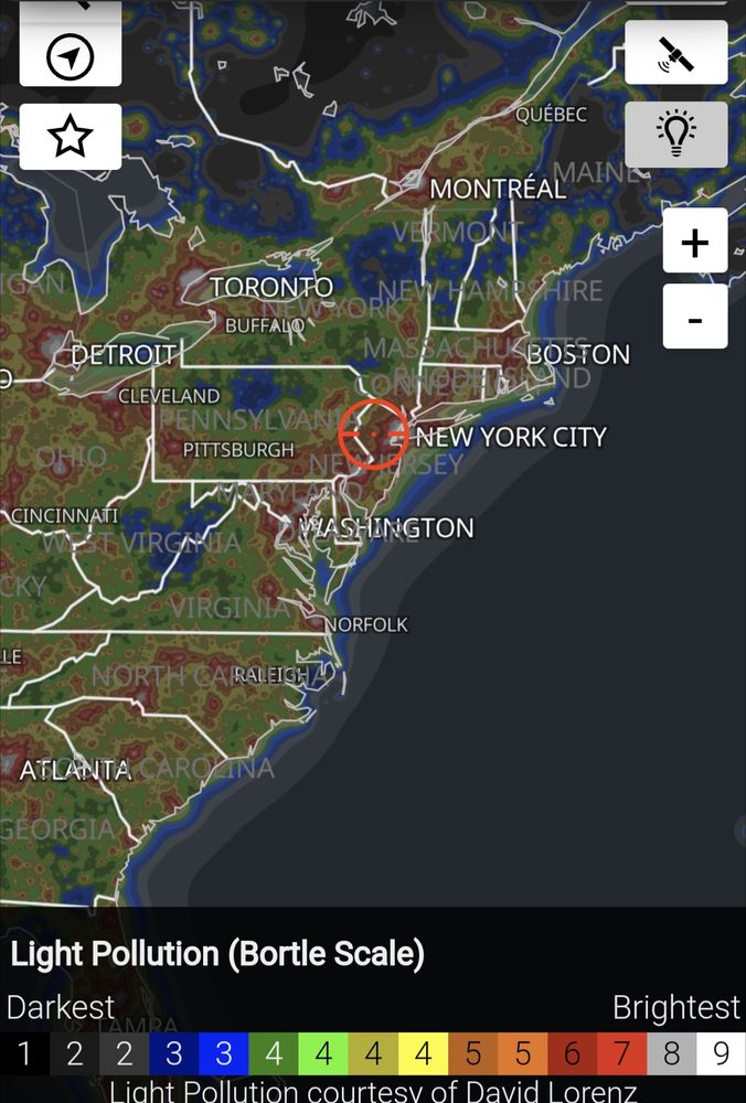 Light pollution map showing northeastern America dominated by the brightest areas