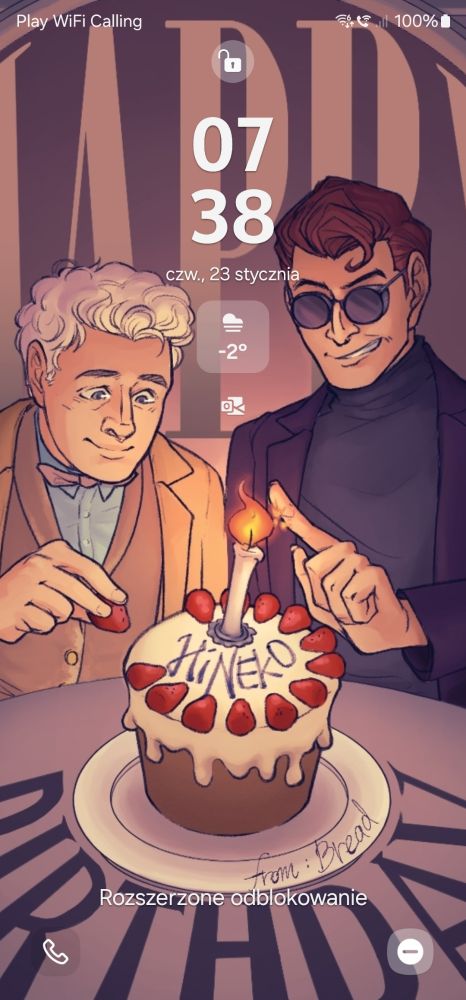 A birthday present I got from my friend. Aziraphale and Crowley are decorating a birthday cake. Crowley is lighting a candle, and Aziraphale is putting on strawberries. The colours are soft.