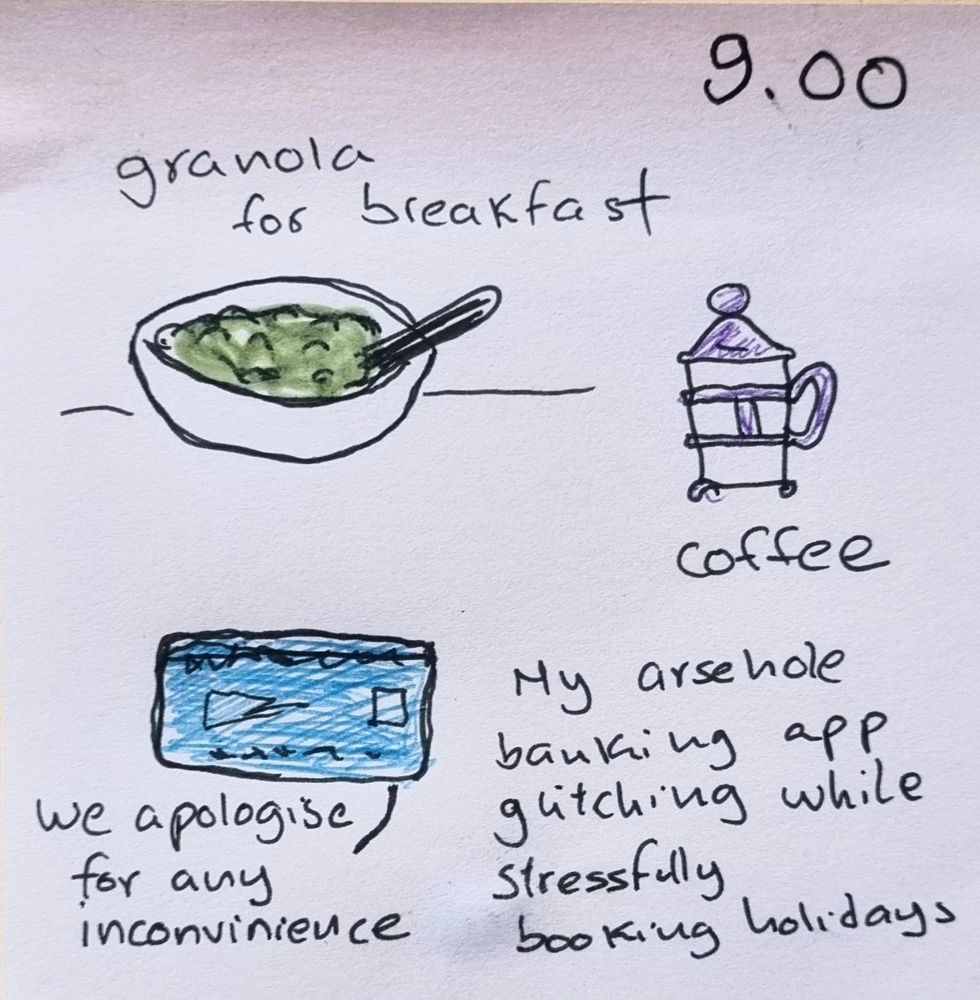 Mini comic: 9am granola for breakfast and coffee, faulty banking apps
