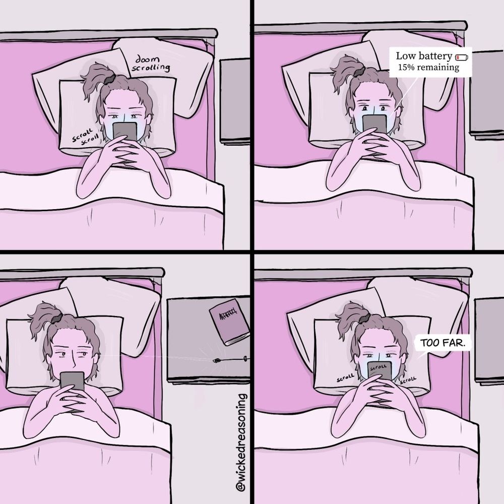 Comic of a girl doomscrolling in bed, runs out if battery but the cable is too short.