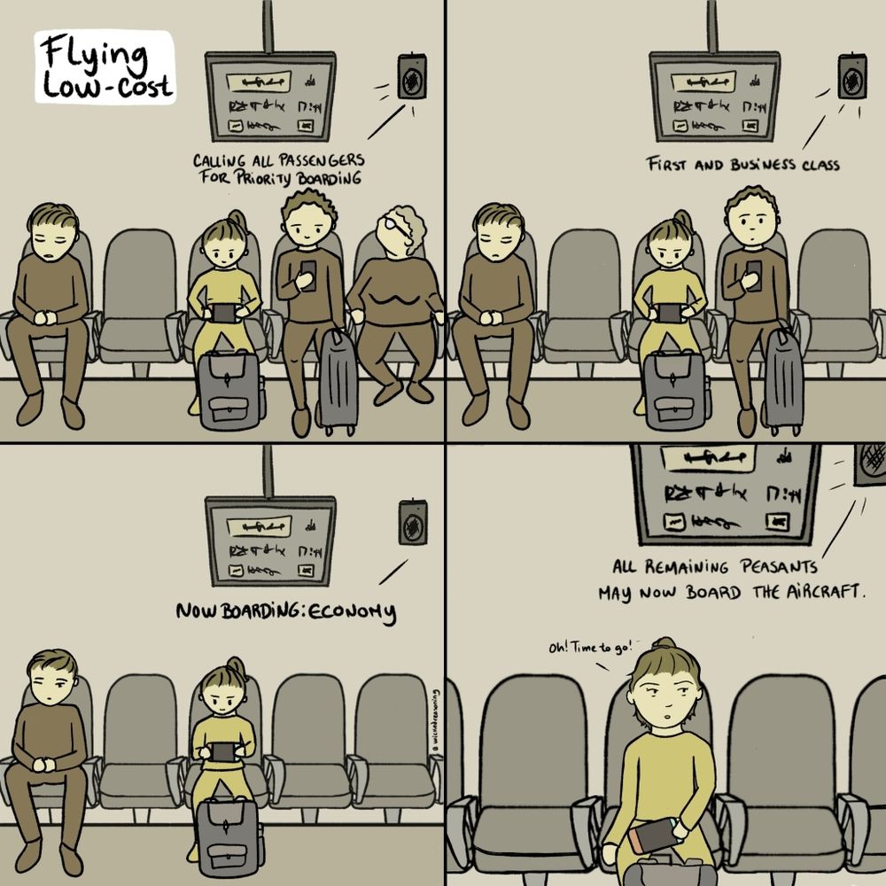 4 panel comic about boarding order when flying low cost