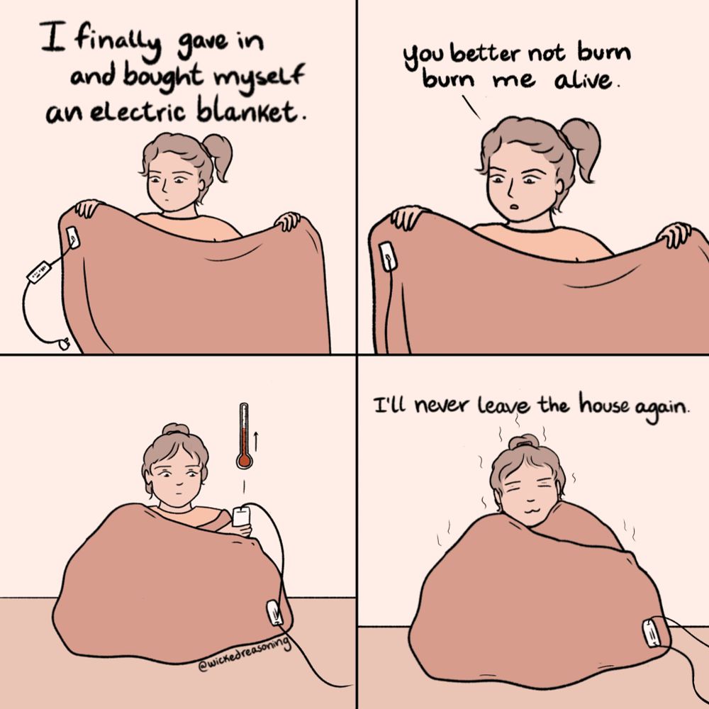 4 panel comic. Girl holds a blanket text "I finally gave in and bought myself an electric blanket" "You better not burn me alive" "I'll never leave the house again"