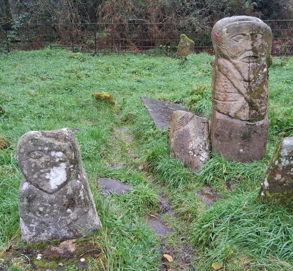 Picture of the so-called "Janus" carving (and similar stone next to it) in a wet graveyard in Fermanagh.