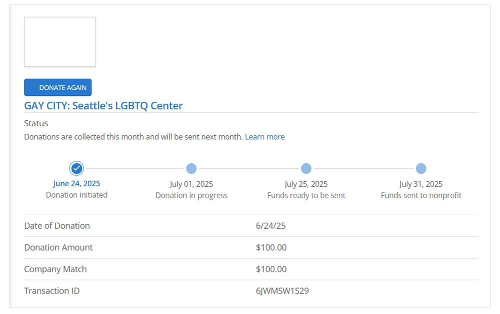 A donation receipt for $100 donated to Gay City