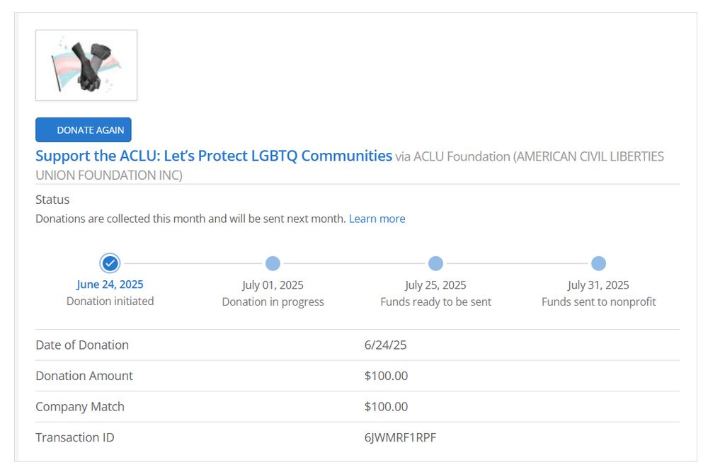 A donation receipt for $100 donated to the ACLU