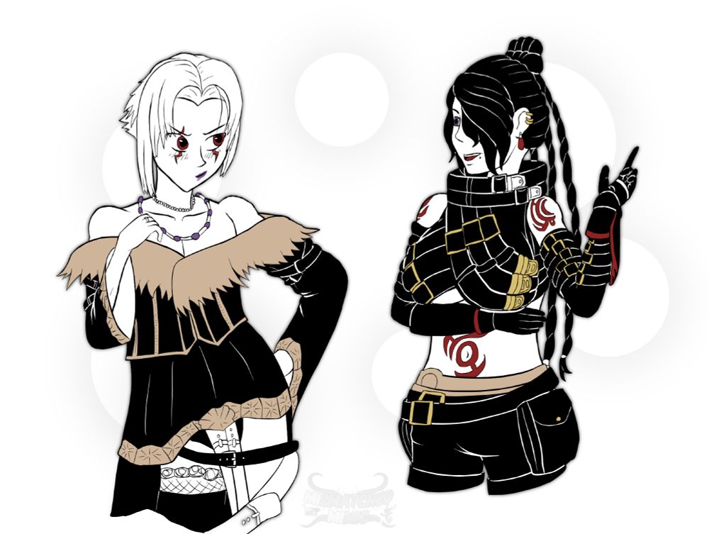 Haseo and Lulu wearing each others outfits, in a black and white style with some spot colouring. Haseo only looks a little shy, and Lulu seems comfortable.