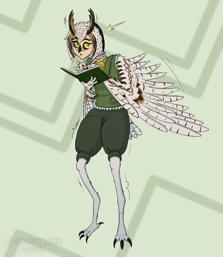 Horned owl harpy in green industrial era styled vest and pants with yellow/brass accents. Their wings have flared up and their stance stiffened in shock, while they were in the middle of writing in their book.