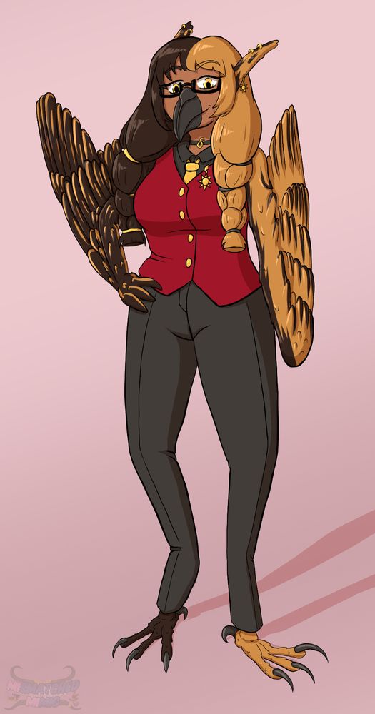 Harpy woman wearing a suit, with her wings and talons matching her two tone golden and brown hair.