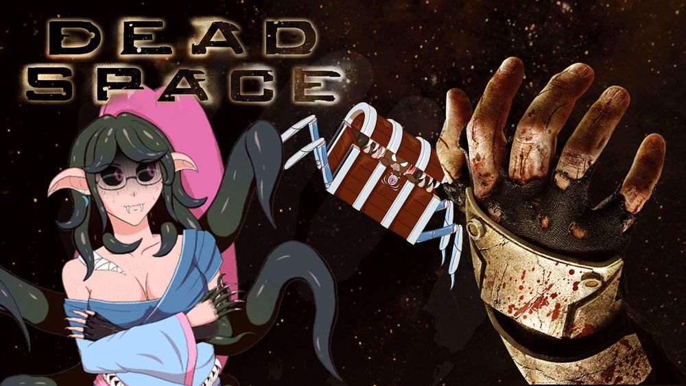 Mimic looks horrified at the bloody hand opposite her, while Mimi floats in space with mischievious intent. The logo reads: Dead Space