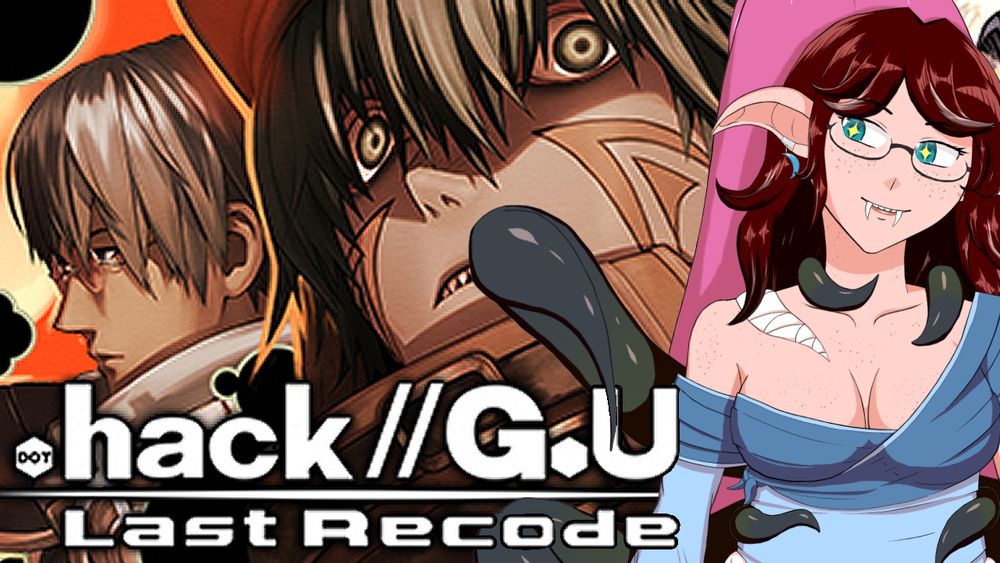 Mimic looking over her shoulder with shiny eyes at two characters from the game dot hack GU last recode