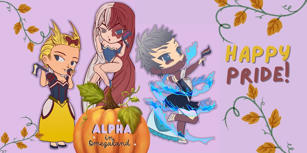 Chibi All Might, Todoroki, and Dabi dressed as Snow White, Rapunzel, and Cinderella against a purple background. Happy Pride is to the right of them.