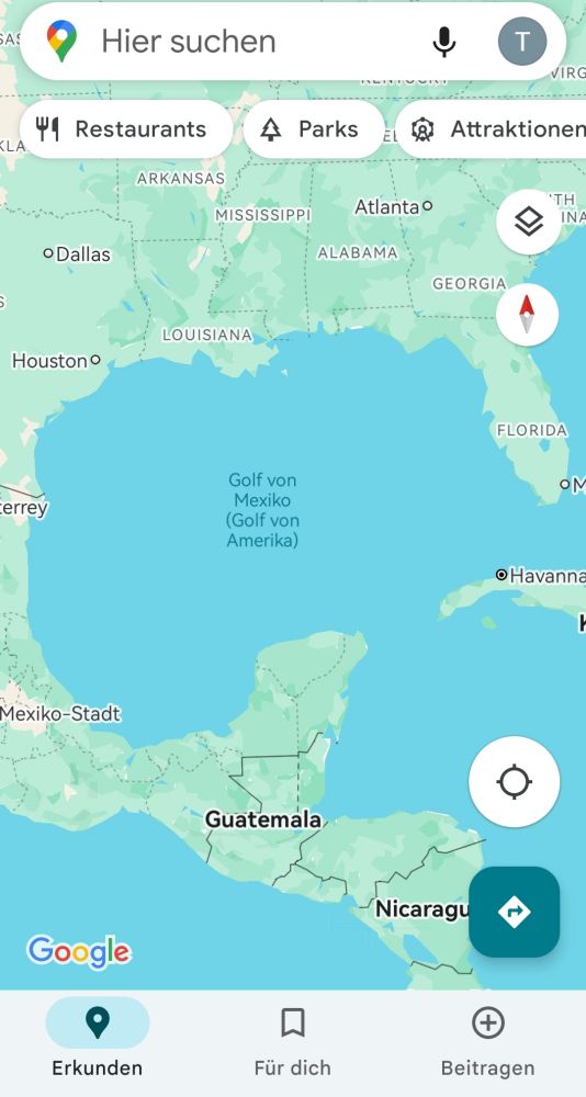 Ein Ausschnitt aus Google Maps mit dem Golf von Mexiko.
Google beschriftet fälschlicherweise mit "Golf von Mexiko (Golf von Amerika)" 
