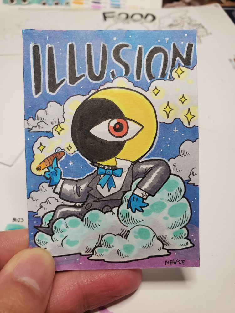A marker illustration of a a guy in a suit lounging on a cloud in the sky with a cigar. Their head is a Cresent moon. In the sky it says ILLUSION