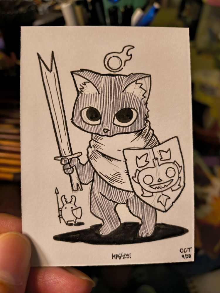 A ink illustration of a cat holding a sword and shield