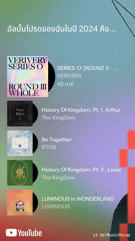 อัลบั้มโปรดของฉันในปี 2024 คือ

1. SERIES ‘O’ [ROUND 3 : WHOLE] by VERIVERY 45 นาที
2. History Of Kingdom: Pt. I. Arthur by The KingDom
3. Be Together by BTOB
4. History Of Kingdom: Pt. V. Louis by The KingDom
5. LUMINOUS in WONDERLAND by LUMINOUS 