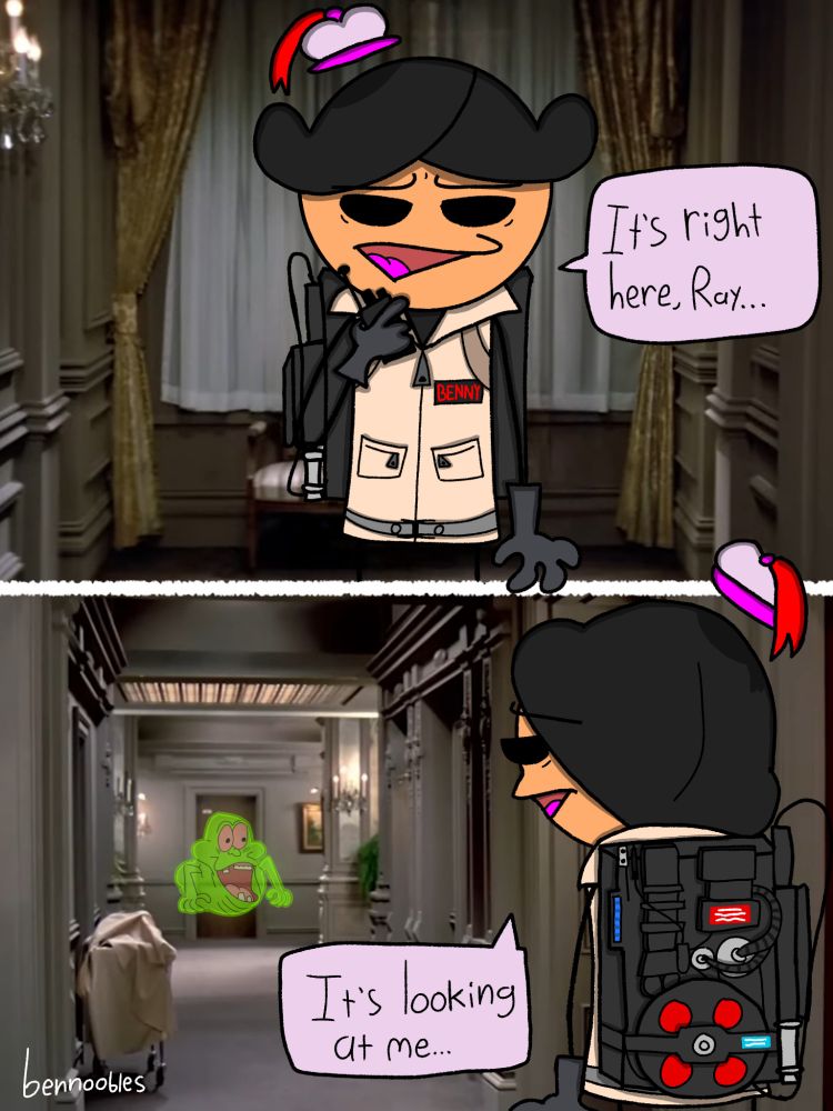 the iconic ghostbusters scene, where peter venkman encounters slimer for the first time, but instead of venkman its my sona