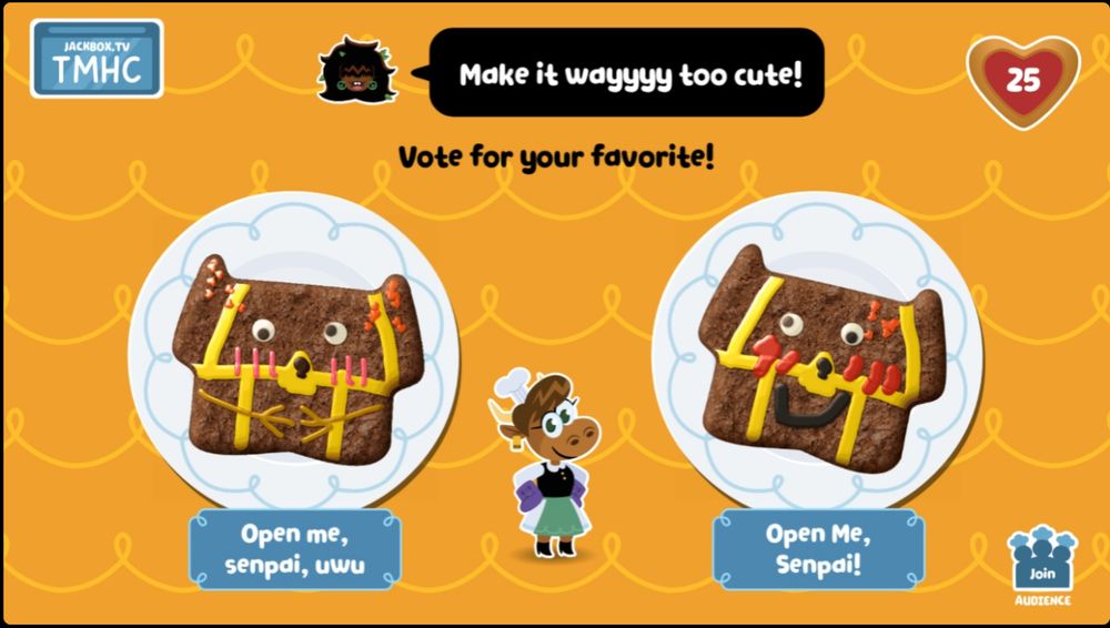Screenshot from the Cookie Haus game in Jackbox Party Pack 11. Late game, you take an existing cookie and then modify it according to a prompt. Two players took the same cookie (a treasure chest) and did the exact same thing in response to a prompt to "Make it wayyyyy too cute!" - gave it googly eyes, blush lines, and scattered hearts, with one named "Open me, senpai, uwu" and the other "Open Me, Senpai!"