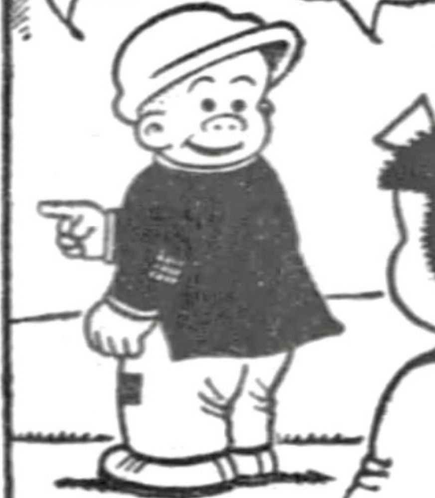 Sluggo happily pointing while his head faces 180 degrees in reverse, looking at Nancy.