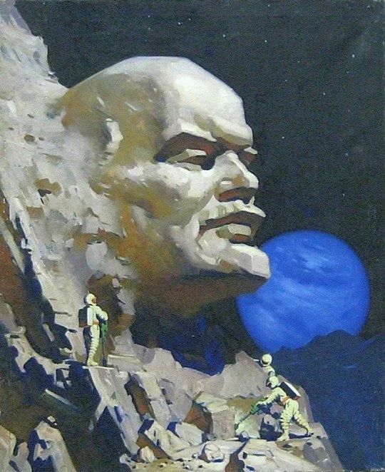 A painting of a rocky outcrop, carved into the head and face of Soviet leader, Vladimir Lenin. It appears to be on the moon, and three cosmonauts can be seen below the bust. On the horizon, a blue planet, presumably Earth, can be seen.
