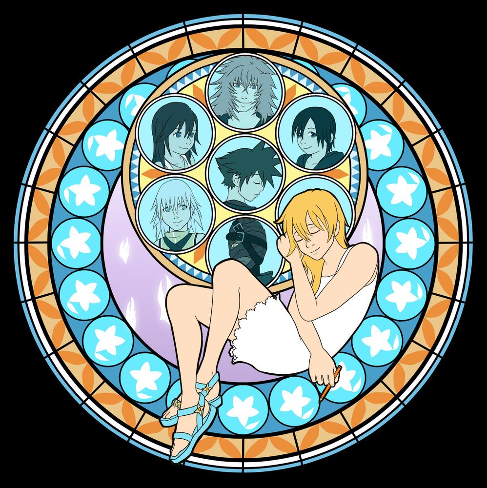 A Dive to the Heart stain glass drawing of Namine. She's laying on her right side, a hand resting up by her head while the other is crossed over her body and hanging loosely while holding a colored pencil. The characters in the center circles are Sora (middle), Marluxia (top), Kairi (upper left), Riku (lower left), Xion (upper right), and DiZ (bottom). The crescent where Namine is laying is a purple that fades to white, with wavy looking versions of the cards from Chain of Memories. The colors on the whole thing are shades of teal, white, and orange/yellow.