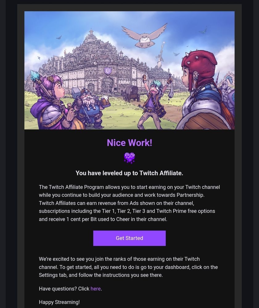 An email from Twitch on reaching affiliate.