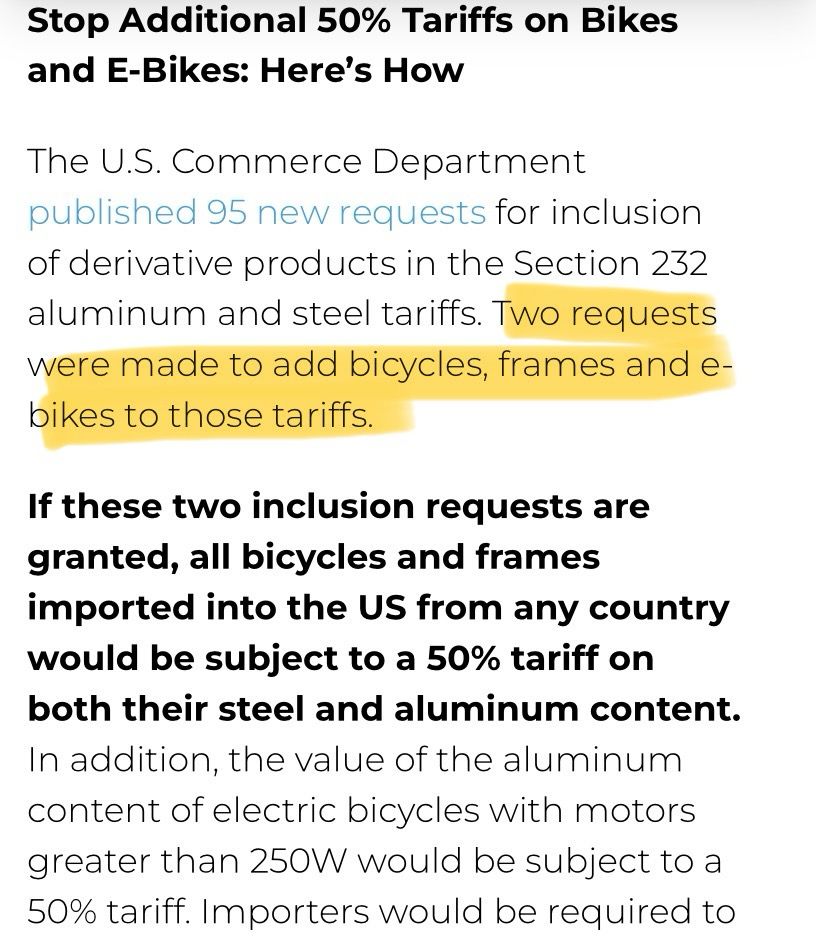 The U.S. Commerce Department published 95 new requests for inclusion of derivative products in the Section 232 aluminum and steel tariffs. Two requests were made to add bicycles, frames and e-bikes to those tariffs.
If these two inclusion requests are granted, all bicycles and frames imported into the US from any country would be subject to a 50% tariff on both their steel and aluminum content.